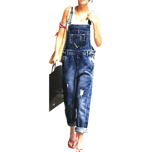 GRMO Women Casual Adjustable Strap Relaxed Fit Ripped Denim Denim Overalls 